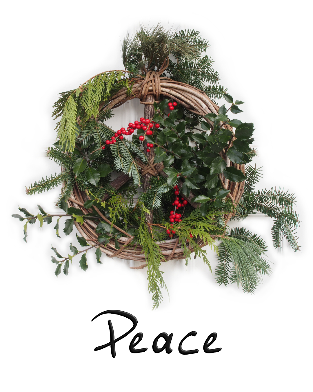 Woven cane shaped like a peace sign decorated with pine boughs, holly branches, and red berries with the word Peace written below in a round-hand casual font